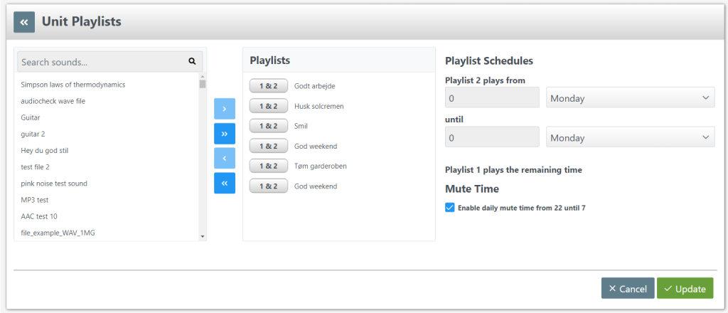 Screenshot of the playlist settings in our online platform